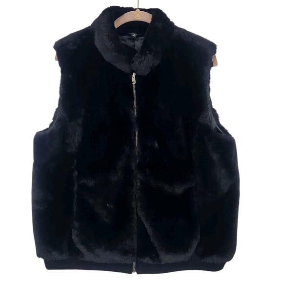 TALBOTS WOMENS FAUX FUR VEST BLACK SZ LG ZIP FRONT LINED CLASSIC GLAM - Picture 1 of 7